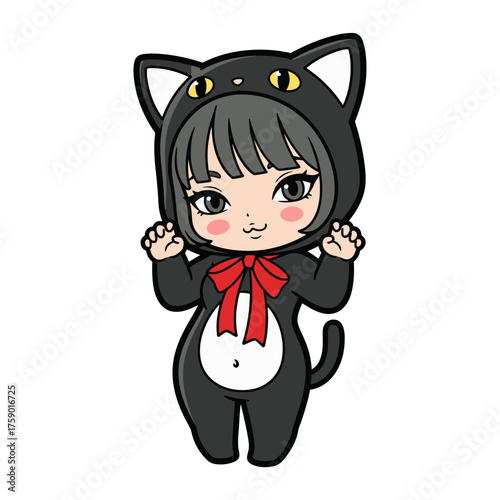 Cute chibi girl wearing a black cat onesie with yellow eyes, red bow tie, and white belly area. Short hair, bangs, arms raised, playful expression.