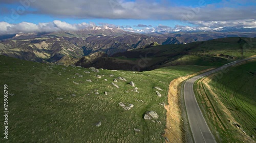 Aerial view of the mountainous terrain. Landscape and nature of the North Caucasus