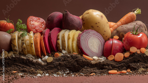 断面を交互に配した黒土の前景で構造と瑞々しさを見せる野菜静物