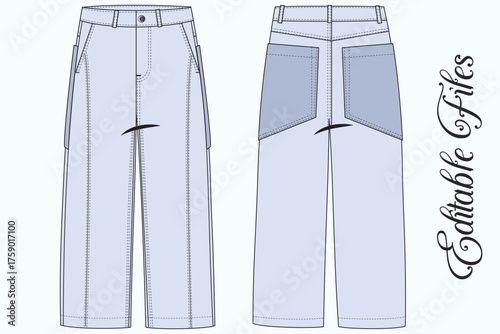 Editable Vector Flat Sketch of Culottes Pattern Design, Garment Technical Flat of Women’s Midi Culottes with Pockets. Women’s Wide Leg Shorts Technical Drawing Vector.  Unisex Wide Leg Pants Flat.