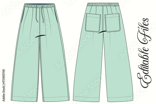 Editable Vector Flat Sketch of Culottes Pattern Design, Garment Technical Flat of Women’s Midi Culottes with Pockets. Women’s Wide Leg Shorts Technical Drawing Vector.  Unisex Wide Leg Pants Flat.