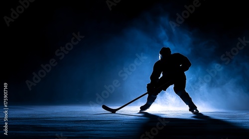 Silhouette of ice hockey player in action under dramatic lighting