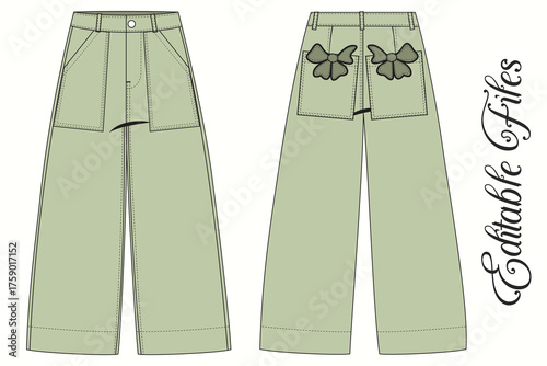 Editable Vector Flat Sketch of Culottes Pattern Design, Garment Technical Flat of Women’s Midi Culottes with Pockets. Women’s Wide Leg Shorts Technical Drawing Vector. Ladies Wide Leg Pants Flat.