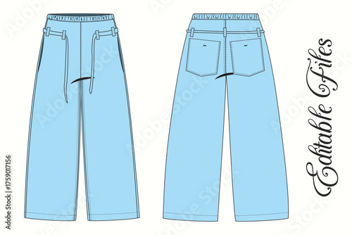 Editable Vector Flat Sketch of Culottes Pattern Design, Garment Technical Flat of Women’s Midi Culottes with Pockets. Women’s Wide Leg Shorts Technical Drawing Vector. Ladies Wide Leg Pants Flat.