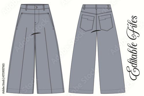 Editable Vector Flat Sketch of Culottes Pattern Design, Garment Technical Flat of Women’s Midi Culottes with Pockets. Women’s Wide Leg Shorts Technical Drawing Vector.  Unisex Wide Leg Pants Flat.