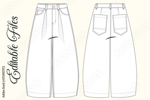 Editable Vector Flat Sketch of Culottes Pattern Design, Garment Technical Flat of Women’s Midi Culottes with Pockets. Women’s Wide Leg Shorts Technical Drawing Vector.  ladies Wide Leg Pants Flat.