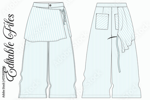 Editable Vector Flat Sketch of Culottes Pattern Design, Garment Technical Flat of Women’s Midi Culottes with Pockets. Women’s Wide Leg Shorts Technical Drawing Vector.  Unisex Wide Leg Pants Flat.