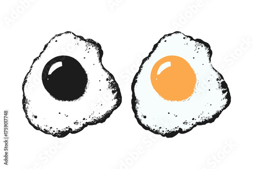 Two stylized fried eggs with contrasting black and orange yolks in a bold graphic style on a white background representing contrast or choice