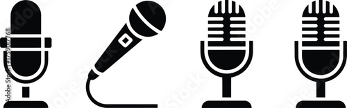 Collection of Four Black Microphone Icons with Different Designs on White Background 