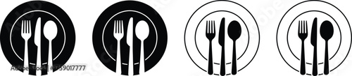 Four Icons of Dinnerware with Cutlery on Plates in Black and White fork knife