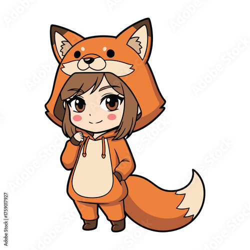 Chibi girl with short brown hair and brown eyes wearing an orange fox hoodie with white belly, pointy ears, and fluffy tail, smiling softly.