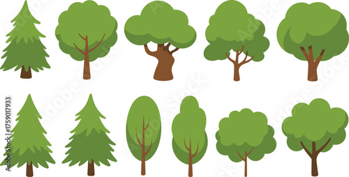 Diverse Group of Ten Cartoon Trees with Green Foliage and Brown Trunks nature