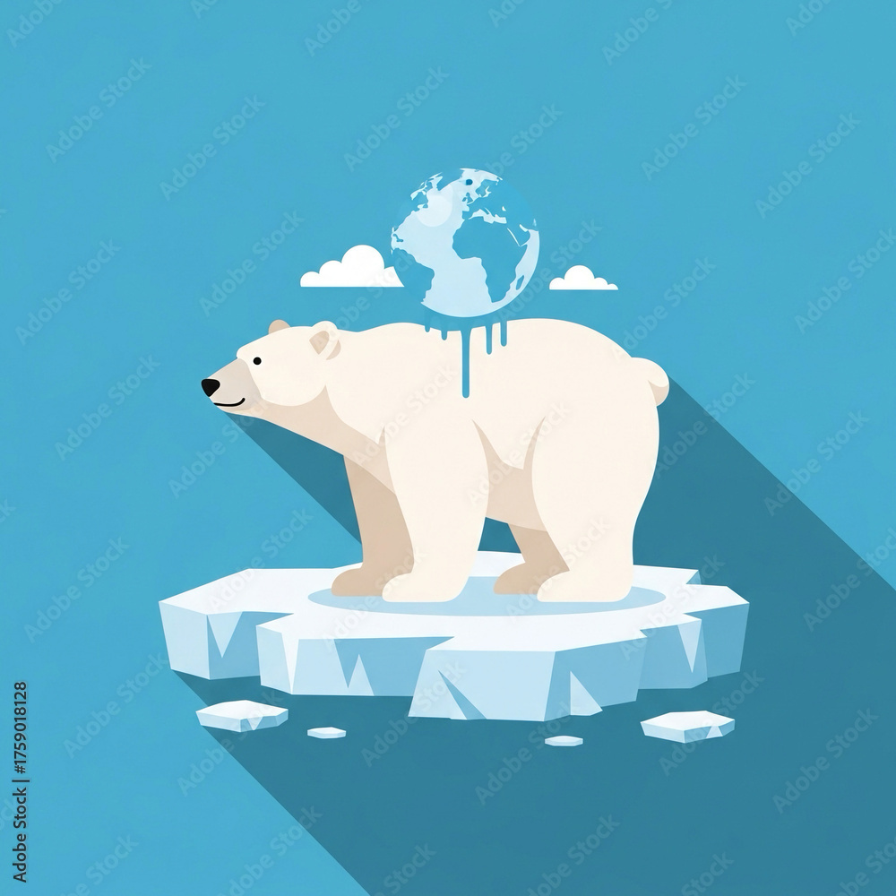 Fototapeta premium Flat vector of polar bear standing on melting ice — symbol of climate impact (no faces).