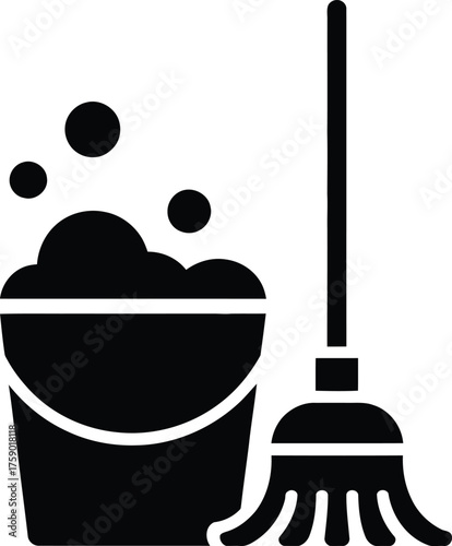 Cleaning Bucket with Mop and Bubbles Icon on White Background Keywords: cleaning, mop, bucket, bubbles, soap, water, hygiene, sanitation