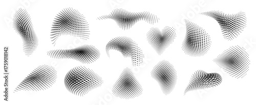 Set of abstract dotted geometric backgrounds in halftone style. Dynamic curved patterns, pixel gradients and modern black and white texture for poster, banner, web, and graphic design elements.