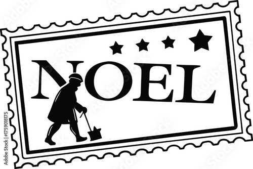 Vintage Noel stamp design featuring a silhouette of a person and festive stars. Christian stamp. Posted stamp SVG, Christmas Stamp SVG.