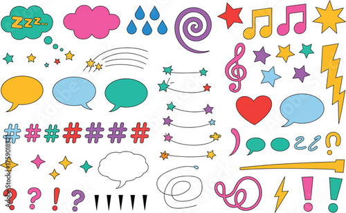 Colorful Doodle Icons of Stars Clouds Speech Bubbles Music Notes and Symbols vector illustration