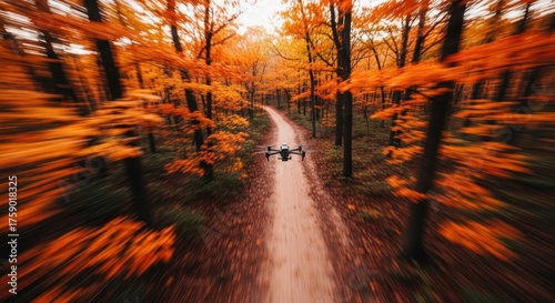 Fototapeta Naklejka Na Ścianę i Meble -  Drone flying through autumn forest path with vibrant orange foliage