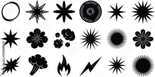 Collection of Black Silhouette Icons and Symbols on White Background Keywords: circle, ring, star, asterisk, spiky star, flower, bloom, burst
