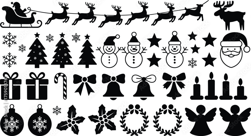 Naklejka premium Collection of black Christmas holiday icons and silhouettes on white background vector