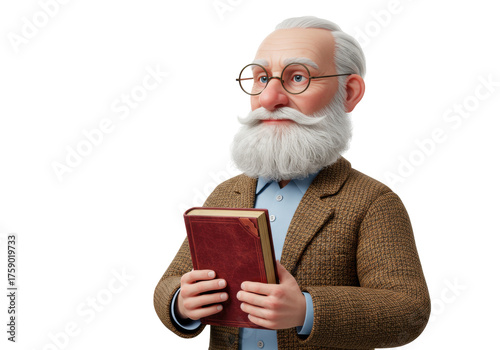 Cartoon professor with beard and glasses holding a book isolated PNG, friendly teacher character on transparent background, education concept