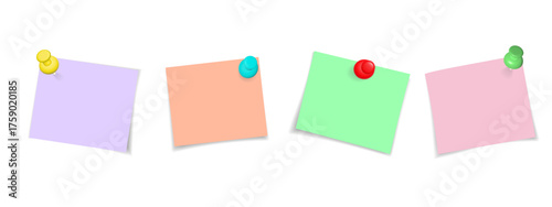 Set of paper notes on pins. Paper stickers, notes on pins. Paper notebook sheets fastened with pins, Vector collection for design