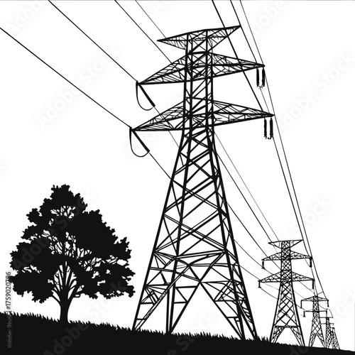 High voltage power transmission towers, electric pylons in forest landscape, energy distribution line vector, black silhouette, utility infrastructure vector illustration eps 10 