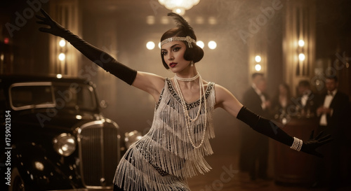 Roaring Twenties scene an elegant flapper dances with passion and glamour between a vintage car and a luxurious club evoking the euphoria of a golden age