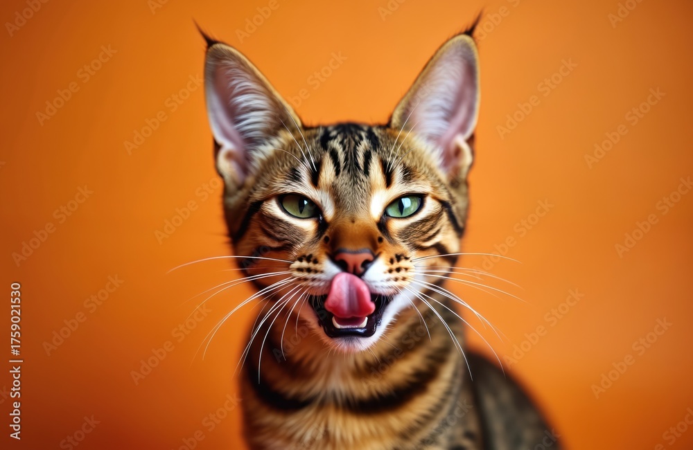 Obraz premium Bengal cat portrait with green eyes and spotted fur. Feline licks lips with tongue out on orange studio background. Animal makes funny face, ready for treat.
