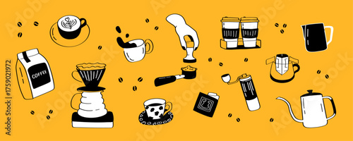 Big set offee barista tools vector pack featuring espresso cups, beans, grinders, and brewing accessories. Ideal for coffee shop banners, cafe websites, posters, menu design, and brand materials.