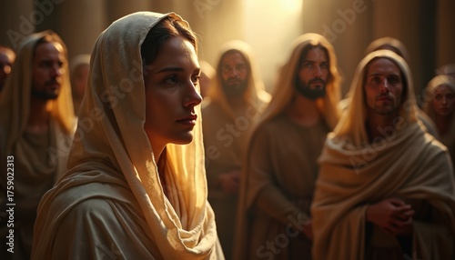 Biblical woman wears white headscarf, robe. Stands in front of group of people. Wear similar robes. Sunlight shines behind. Woman looks aside. Group of people look different directions. Appear to in