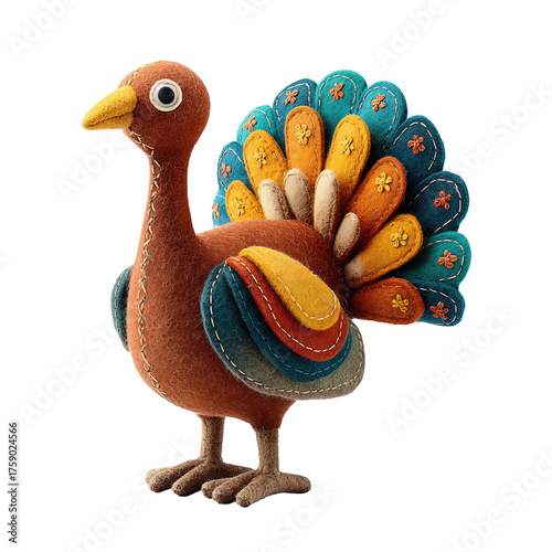 Cute festive turkey plush made of felt with stitched seams and colorful layered tail in russet, mustard, and teal, handcrafted charm, isolated on transparent background
