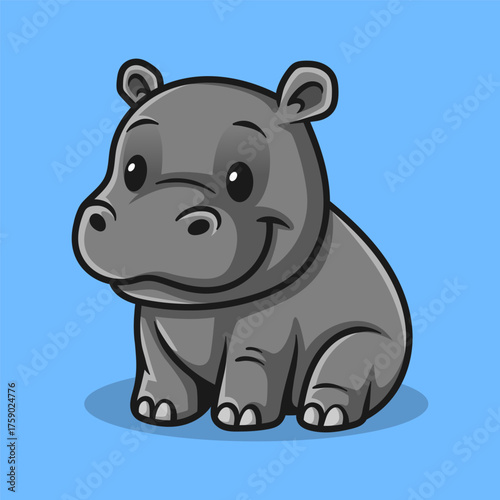 fun cute sitting hippo colored cartoon character isolated drawing line style sketch classic vintage design illustration