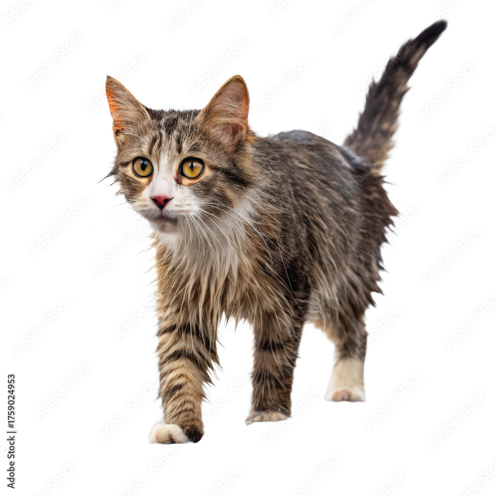 Obraz premium Wet cat walking over puddle png soaked kitten png dripping fur png stray cat png feline pet png water reflection png transparent background image