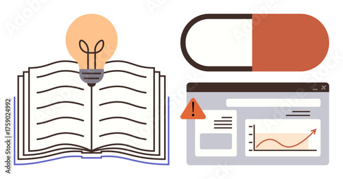 Open book with glowing lightbulb, pill capsule, and analytics chart on screen highlight learning, healthcare, pharmacy, data analysis, research, innovation education and progress. Simple flat