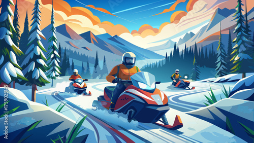Very beautiful close-up view of a group of tourists riding snowmobiles across a snowy winter landscape in Lapland near Saariselkä, Finland, capturing the thrill and beauty of cold-season adventure.