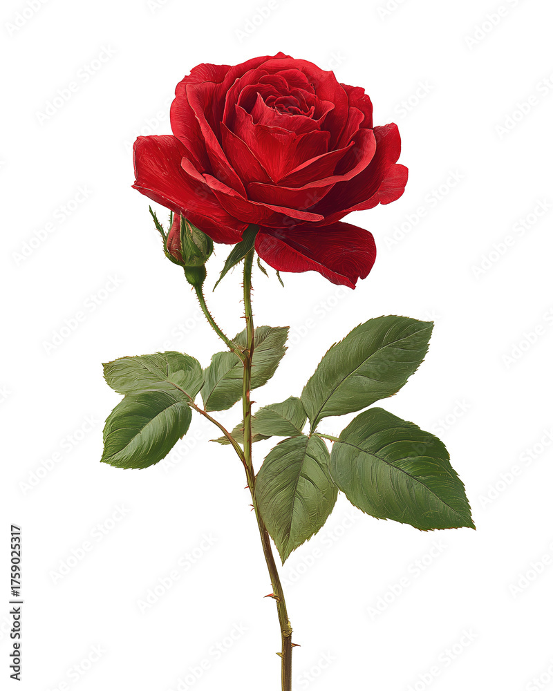 Obraz premium Classic long-stem scarlet rose with velvety petals and spiral center, three green leaves adding natural balance, isolated on transparent background 