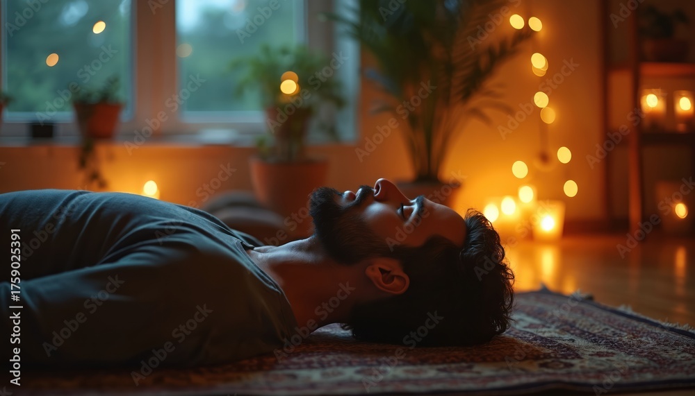 Obraz premium Man lies on carpet in yoga studio with candles. Guy rests during meditation session. Male enjoys relaxation with dimmed light. Person in calm posture gets zen and mindfulness at cozy place.