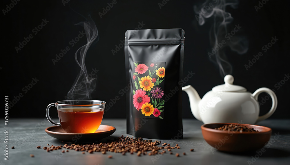 Fototapeta premium Black tea packaging mockup with floral design. Tea bag with pink and yellow flowers. Steaming cup of tea on saucer, white teapot and bowl with tea leaves on dark surface.