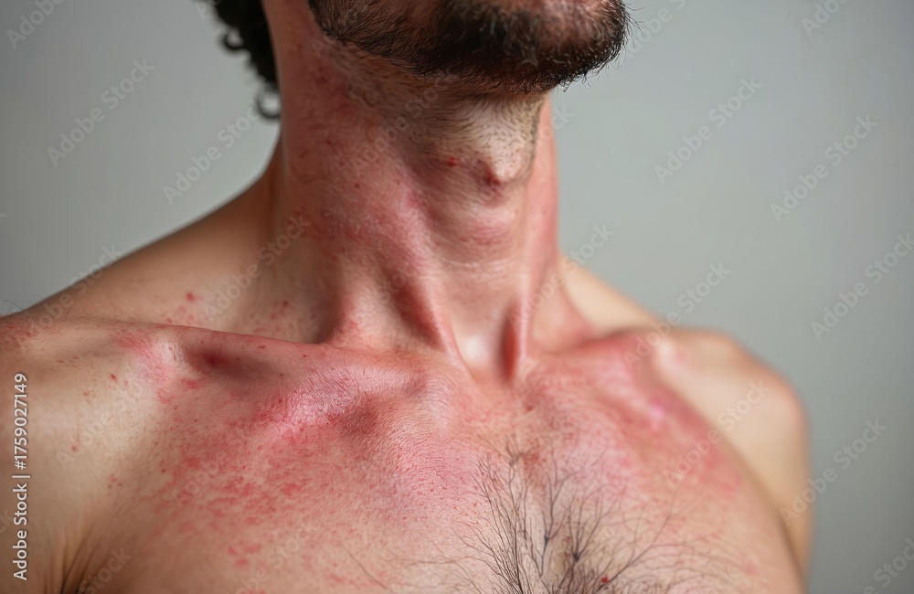 Naklejka premium Man with red irritated skin on chest, neck. Closeup of male torso with dermatitis eczema rash. Skin problem, allergic reaction, psoriasis, itchy inflamed dermatology issue. Hairy adult male with skin