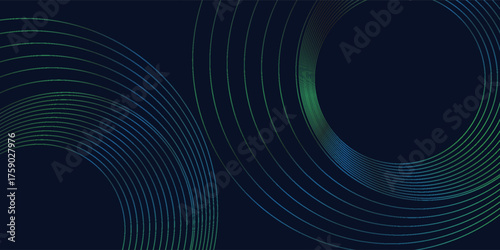Round frame colorful blue green light isolated on dark background. Abstract circles lines pattern. Vector illustration concept for music, digital, modern science, Ai technology.