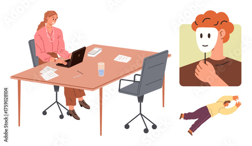 Office worker at desk with laptop, mask symbolizing emotional masking, and figure lying on floor, representing workplace stress, hidden identity, and exhaustion. Ideal for mental health, workplace