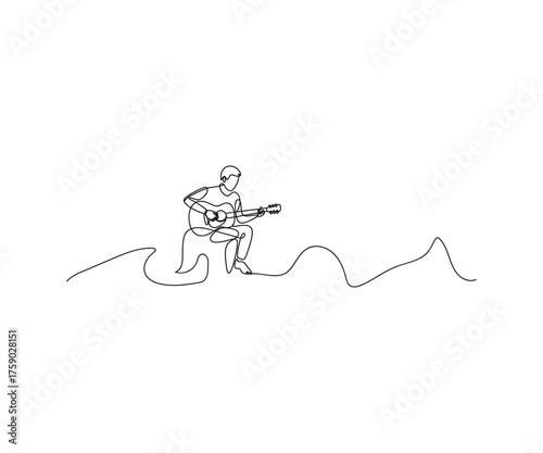 Solitary Serenade: A lone musician finds solace and expression in a simple line art, playing guitar amid an abstract setting. The scene embodies simplicity and tranquility.