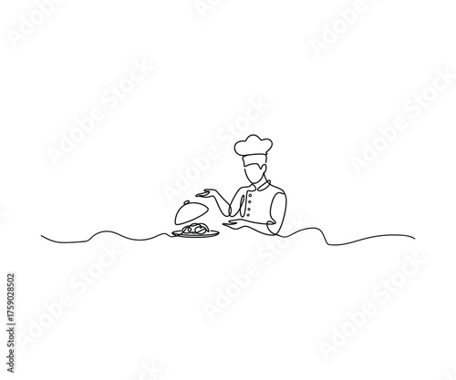 Culinary Precision: A Chef's Plated Delight: A minimalist illustration of a chef, meticulously presenting a dish, showcasing skill and dedication in every line.