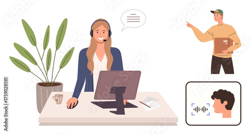 Female support agent with headset at desk assisting a caller, courier holding a package. Facial recognition icon shown. Ideal for support, voice technology, delivery, customer service, tech