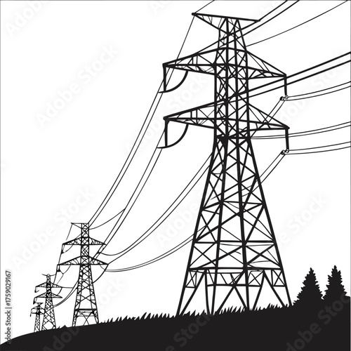High voltage power transmission towers, electric pylons in forest landscape, energy distribution line vector, black silhouette, utility infrastructure illustration