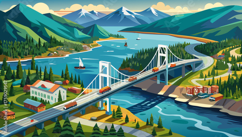 Very beautiful aerial view of the Douglas Bridge spanning the Gastineau Channel, connecting the historic city center of Juneau with Douglas Island in Alaska, USA, surrounded by majestic mountains and 