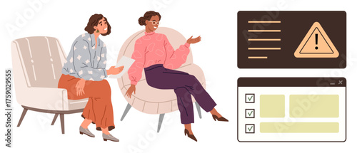Two women engaged in conversation seated on chairs, accompanied by checklist and warning graphics. Ideal for collaboration, problem-solving, teamwork, project planning, discussion, consulting, simple