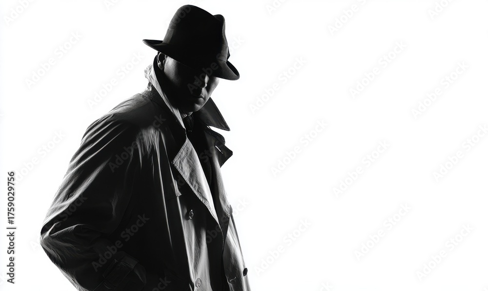 Naklejka premium A shadowy figure in a trench coat and hat