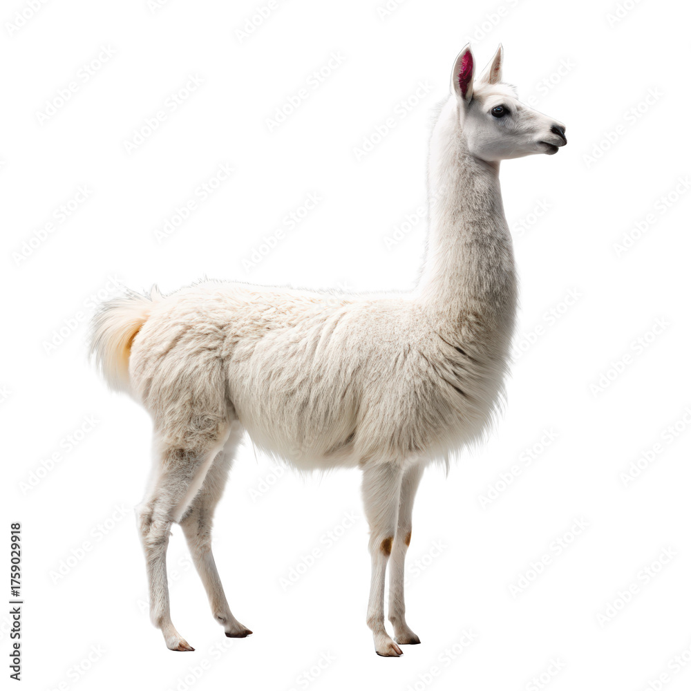 Fototapeta premium White llama side view png alpaca family png farm llama png fluffy pet png domestic animal png woolly llama png cute camelid png transparent background image